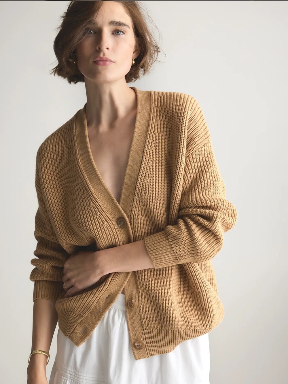 Quince 100% Organic Cotton Oversized Boyfriend Cardigan Camel XS